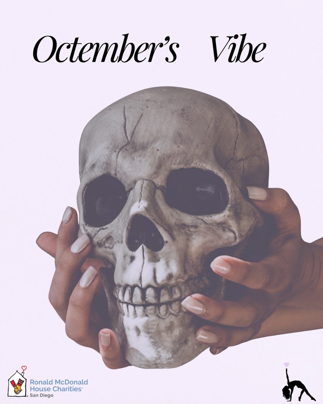Two hands with pale manicured nails cradling a skull on soft lilac, the Octember poster